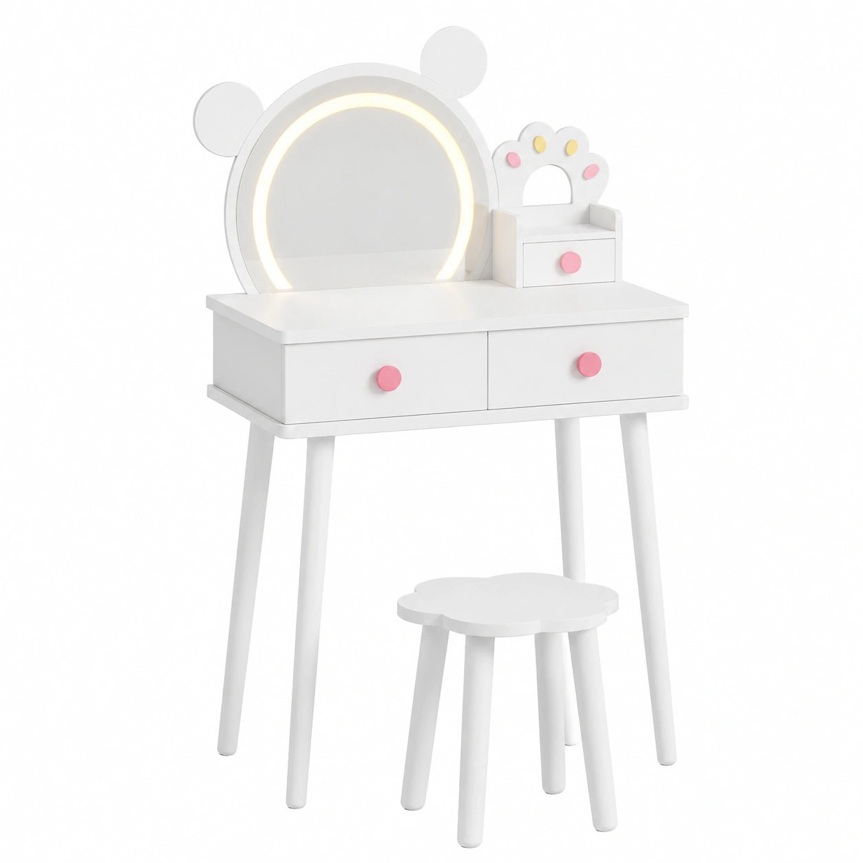 Set de tocador infantil con luces y espejo osito, mesa de maquillaje princesa de madera segura, ideal para dormitorio, blanco, 38 x 101 cm