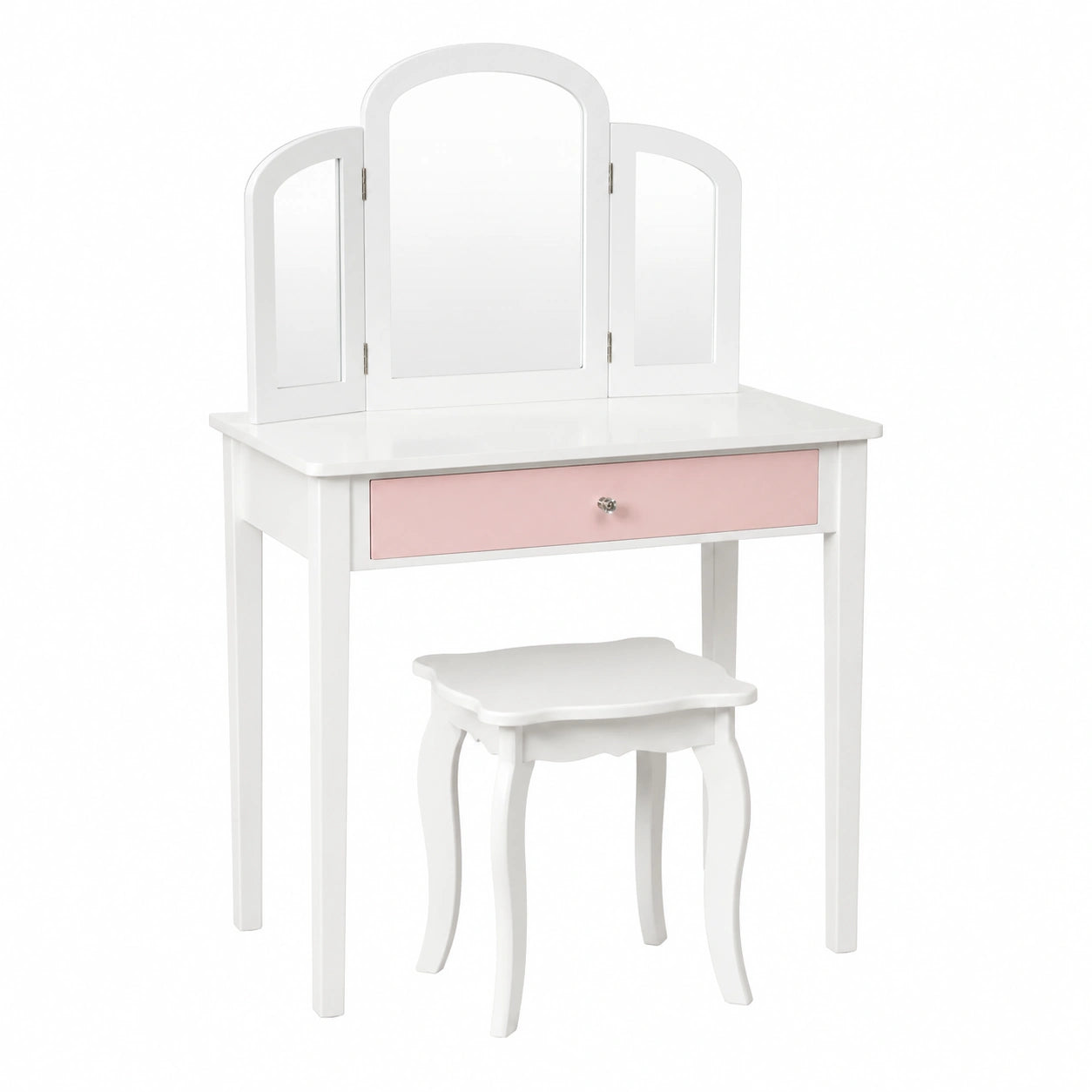 Set de Tocador Infantil 2 en 1 con Espejo y Taburete, Mesa Blanca y Rosa con Cajón Grande