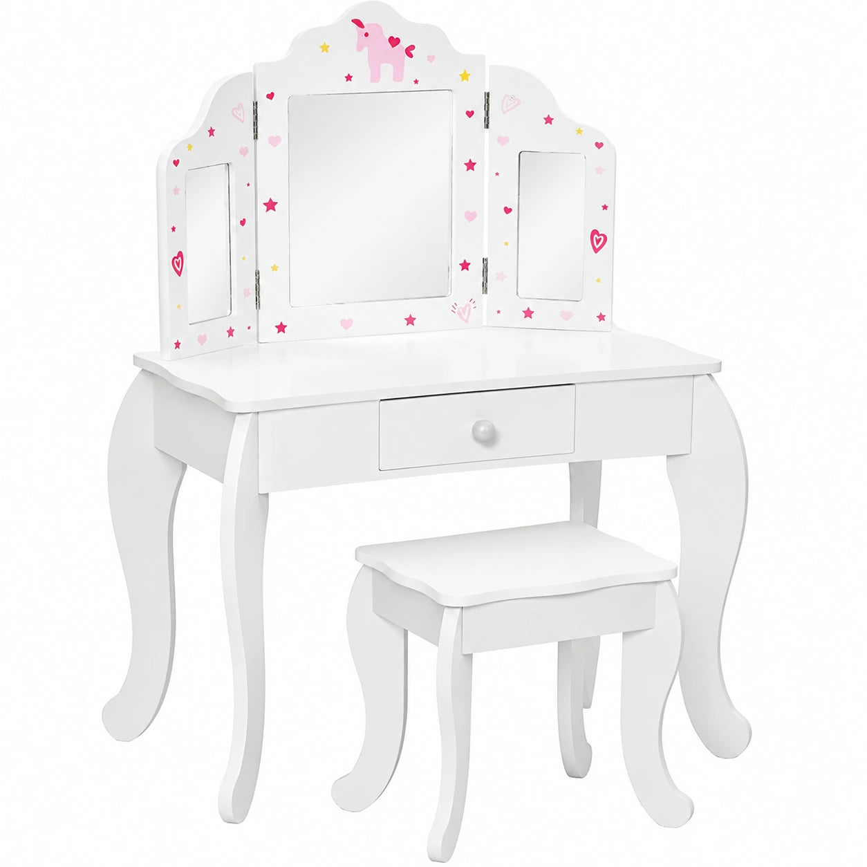 HOMCOM Tocador de Juguete para Niñas con Taburete y Espejo de Tres Paneles, Mesa de Maquillaje con Cajón, 63x40x85,5 cm, Rosa