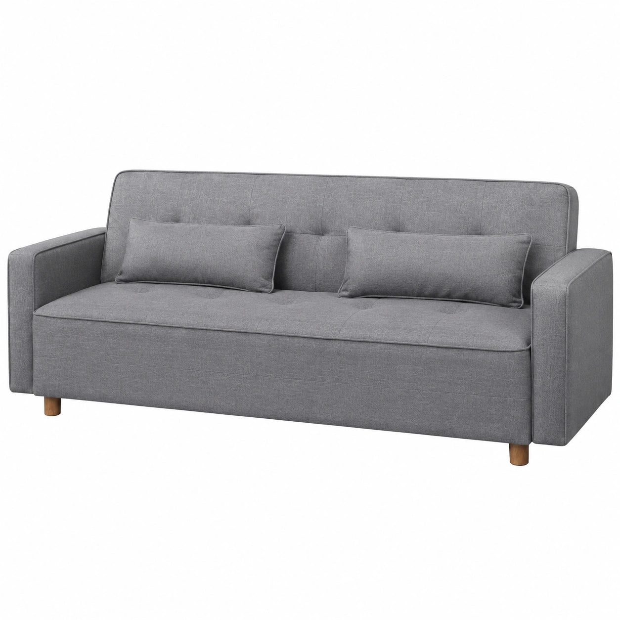 Sofá Escandinavo Convertible de 3 Plazas, Gris con Cojines y Base de Madera, 213 cm