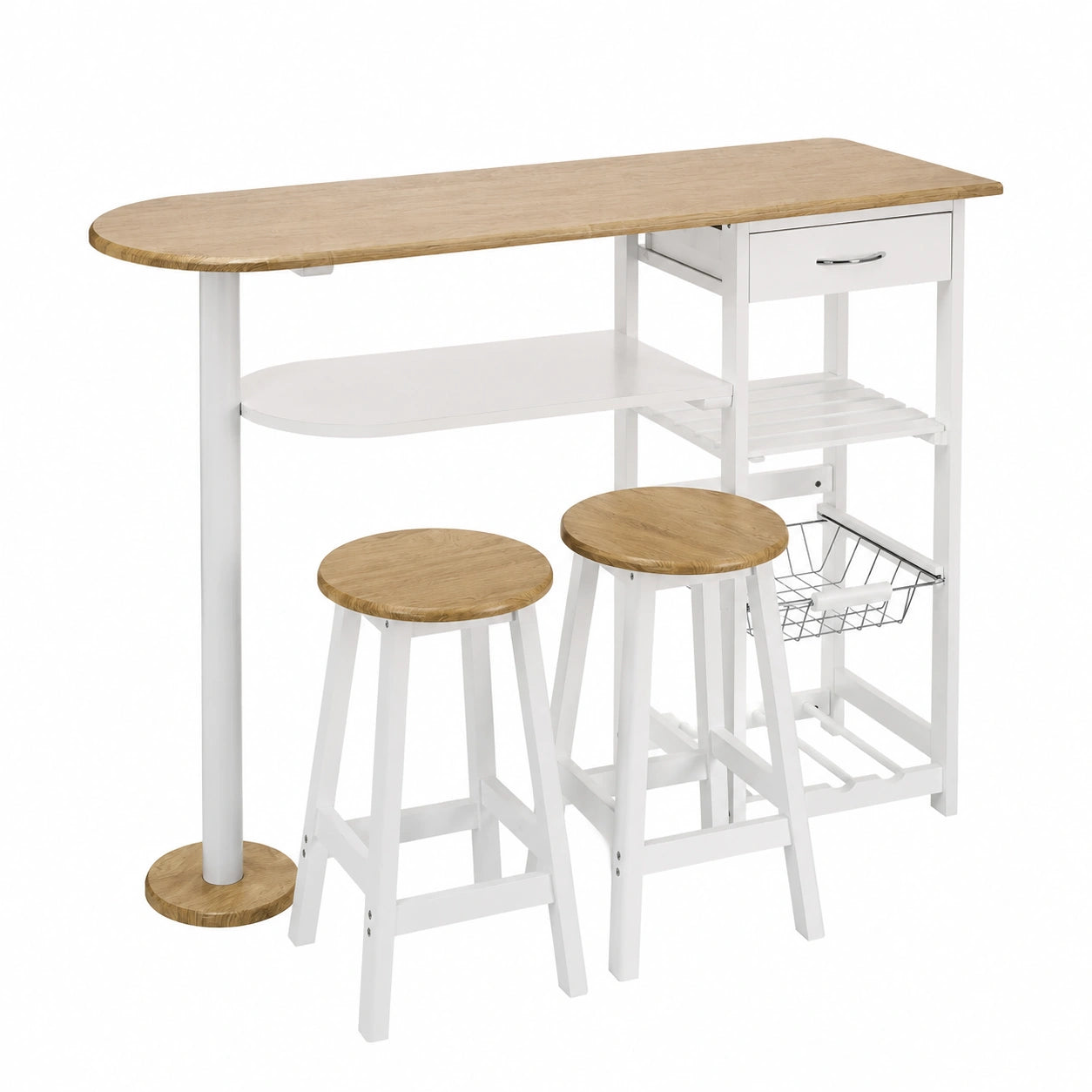 Conjunto de Mesa Alta y Taburetes de Cocina con Almacenamiento, Blanco y Natural