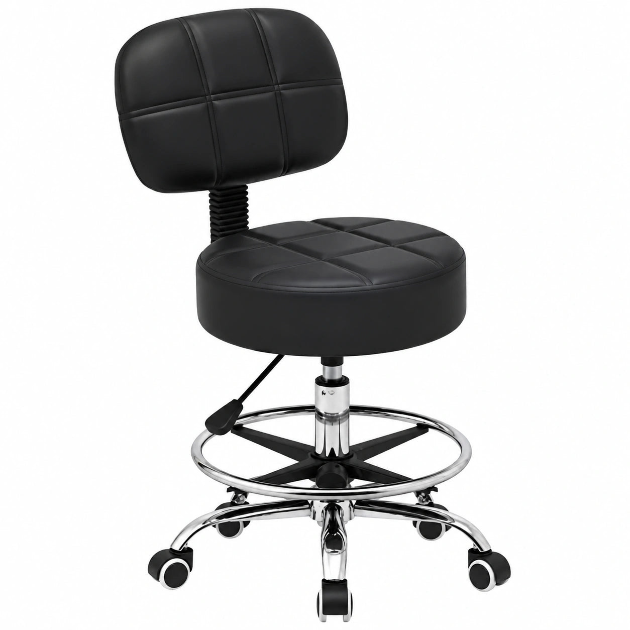 Taburete Giratorio de Laboratorio con Respaldo Ajustable, Cuero PU, Negro