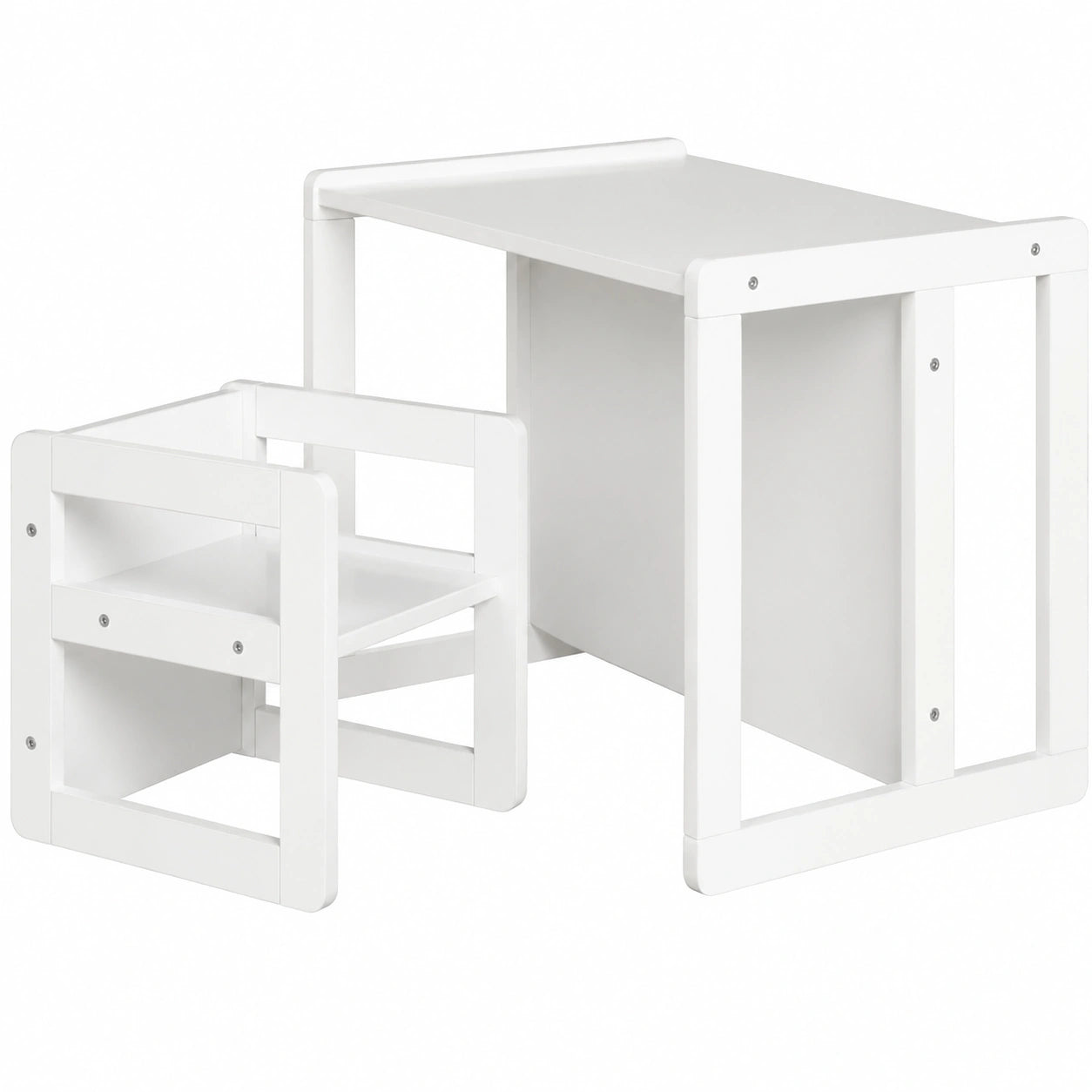 Conjunto Infantil de Mesa y Silla Ajustable en Altura, Convertible en Banco, Madera Blanca