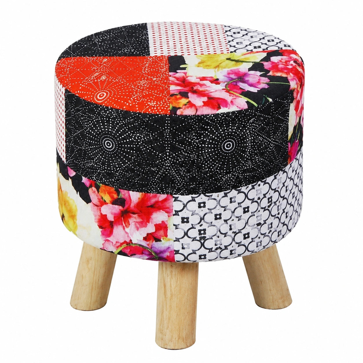 Taburete Redondo Patchwork con Patas de Madera - Puff Decorativo